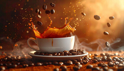 Dynamic splash of coffee and flying beans for energy and morning routine