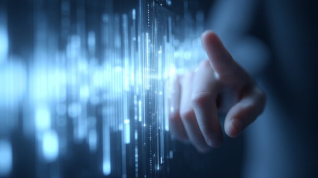 A hand reaches out to touch shimmering sound waves that radiate light and energy in a digital space - Powered by Adobe