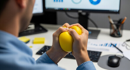 Office worker squeezing yellow stress ball for mental health relief