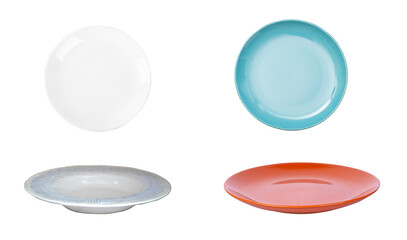elegant overhead photograph of four diverse ceramic plates on a solid transparent background,...