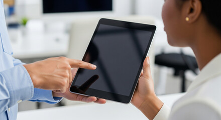 Diverse team pointing at digital tablet with blank screen for mockup in office