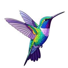 Obraz premium A vibrant illustration depicts a hummingbird in full flight, showcasing iridescent plumage in shades of green, purple, and blue