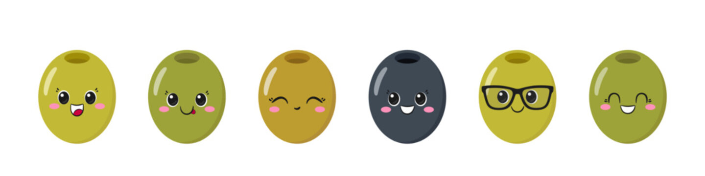 Set cute olive, fun cartoon character, happy smiling face, emotions joy delight, big eyes, kawaii style, flat vector illustration.