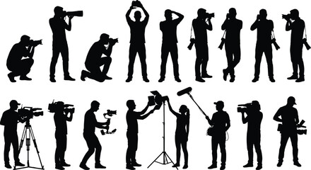 Photography videography silhouette, media crew icons, black vector, camera operator, boom mic, lighting setup, film production, creative scene © Md