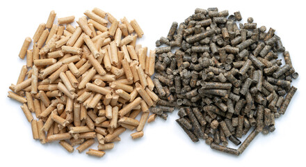 Two Types of Biofuel Pellets: Light Wood Pellets and Dark Biomass Pellets Side-by-Side on White...
