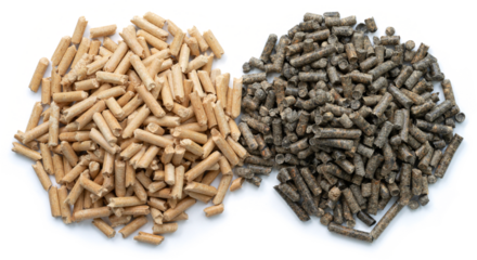 Two Types of Biofuel Pellets: Light Wood Pellets and Dark Biomass Pellets Side-by-Side on White Background