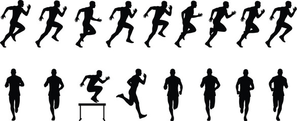 Running and hurdling silhouette set, athletic motion sequence, sprinting posture illustration, black vector design, sports biomechanics artwork