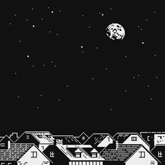Pixel art night cityscape with moon and stars over rooftop silhouettes. Black and white retro game background 8-bit, nighttime, game levels, menus, cutscenes and storytelling.
