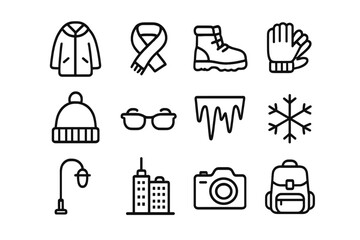 Urban Winter Icons. Urban cold-style icons. Line outline icon set of Urban cold-style icons: coat, scarf,