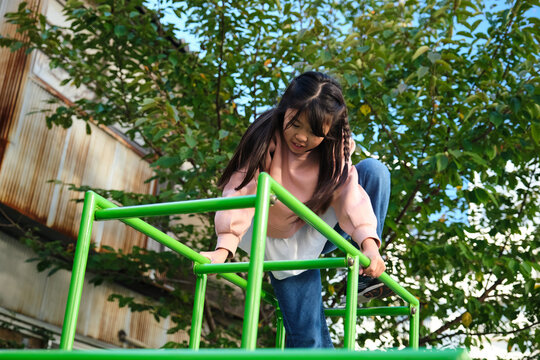 Japanese girl playing on jungle gym in park