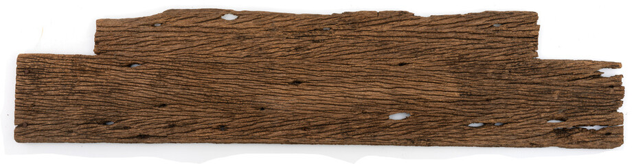 Isolated dark distressed reclaimed wood plank with rugged texture on a white background.