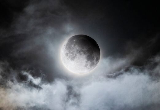 Partial Lunar Eclipse Hidden Behind Moving Clouds