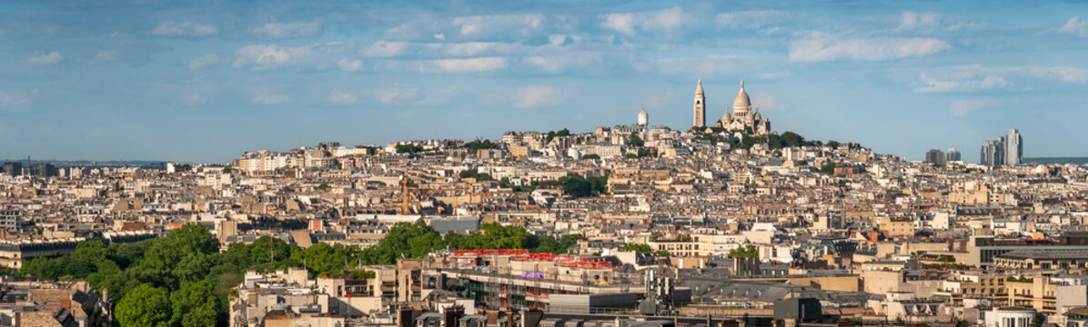 Paris France city skyline view of Montmartre Sacre Coeur Basilica