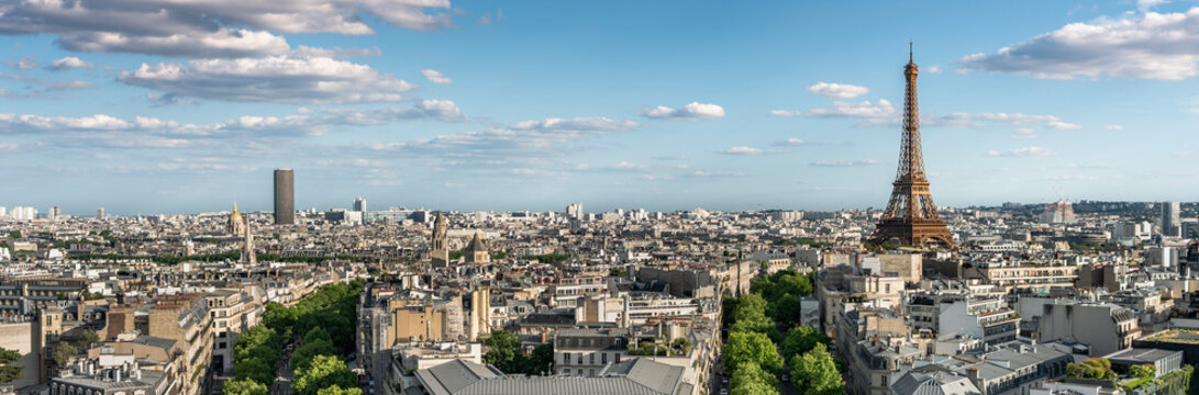 Paris France aerial city panoramic skyline view with Eiffel Tower