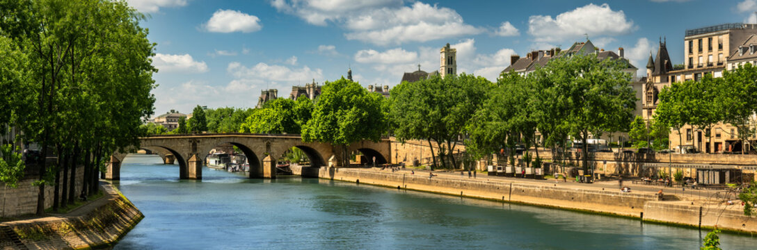 Paris France Pont Marie stone bridge panorama over Seine River