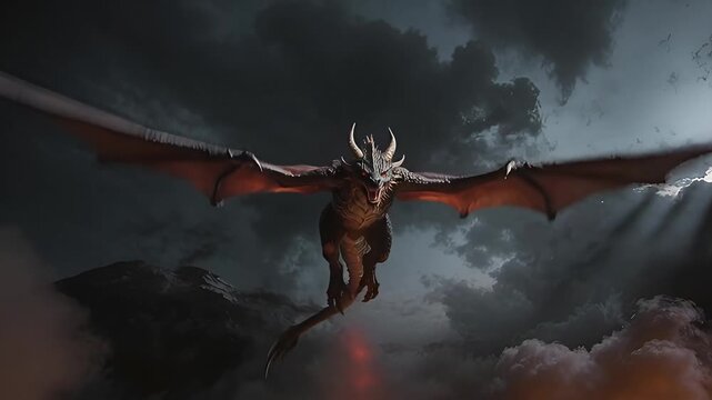Epic Dragon Soaring Through Dark Skies Breathing Fire with Powerful Wings.