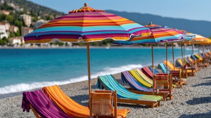 A serene beach scene features colorful umbrellas and deck chairs on the pebbles, offering relaxation and a quintessential summertime experience on the coast
