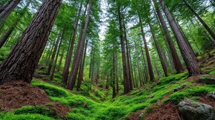 A beautiful forest with tall trees creates a natural environment perfect for exploring the lush greenery and experiencing the peace and quiet of nature