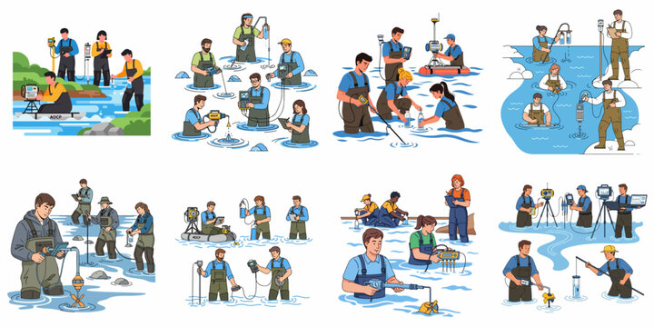 Environmental scientists performing hydrological and water quality field measurements using specialized scientific monitoring equipment in rivers and streams.