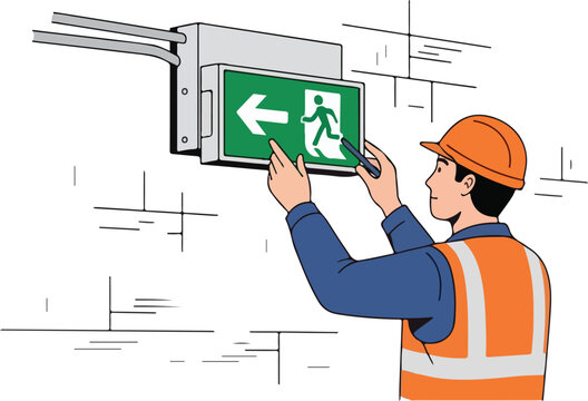 Worker installing Blue Sign with white arrows and pictograms for elevators and stairs.