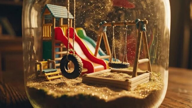 Glass Jar Containing Miniature 3D Childhood Playground Scene