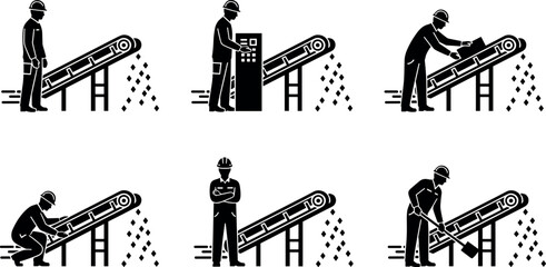 Industrial worker silhouettes with conveyor belt, inspection, control, repair, supervision, shovel action - flavector © Emon