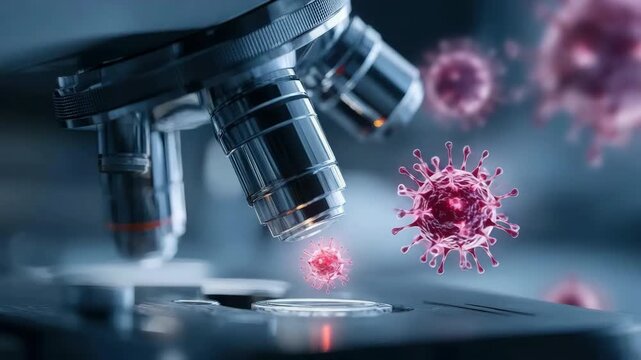 Analyzing viruses and microorganisms under a powerful electron microscope in a lab.