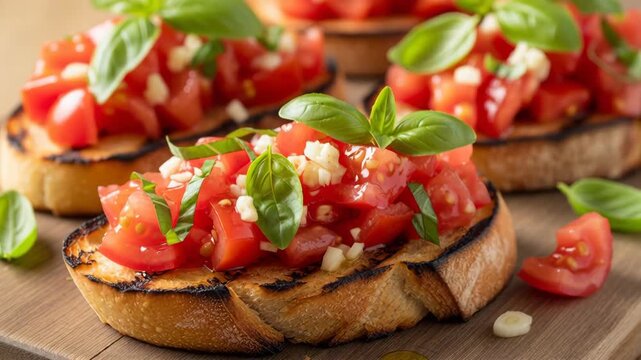 Fresh basiltopped bruschetta with chopped tomatoes and garlic on wooden platter