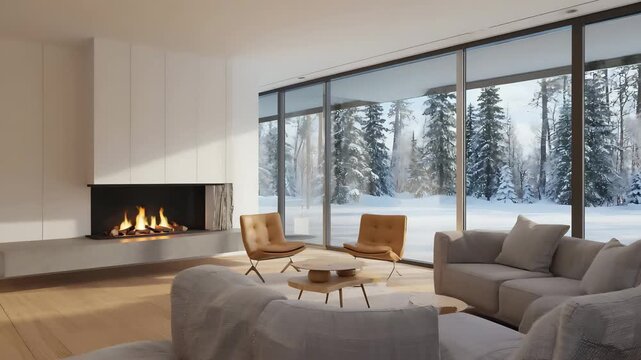 Modern living room interior with fireplace and large windows overlooking a snowy winter forest landscape