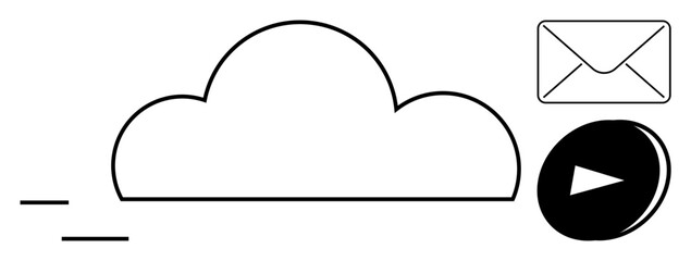 Cloud computing, data sharing, communication, file storage, media streaming, multimedia access. Simplistic cloud icon with email and play button symbols. Cloud computing and data sharing concept