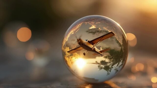 Adventurous Journey Above the World: A tiny biplane rests on a glass globe at sunset.
