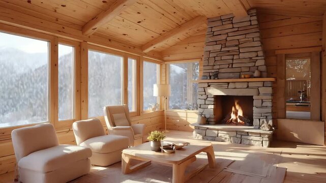 Cozy log cabin interior with stone fireplace and large windows overlooking snowy mountains
