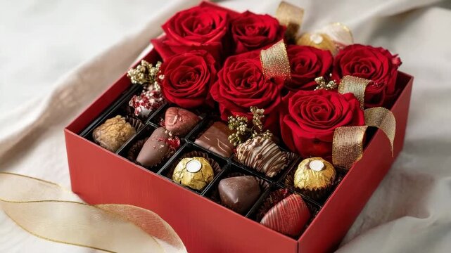 Luxurious red box overflowing with decadent assorted chocolates and deep red roses.