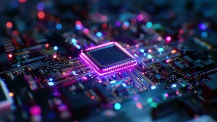 Mesmerizing close-up of a luminous microchip on a circuit board with neon pink and blue light. - Powered by Adobe