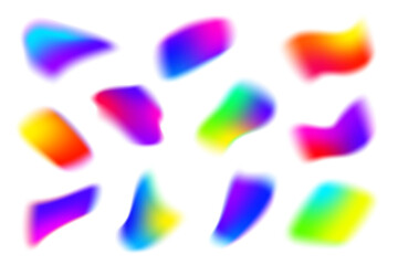 Gradient shapes with blurry texture on white background. Colored mesh fluid elements. Liquid soft holographic vector blobs with aura. Glowing iridescent organic spots.