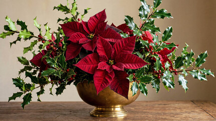 Vibrant red poinsettias and lush green holly in an elegant brass bowl, a classic Christmas arrangement. Holiday decor, seasonal advertising, and festive promotions.