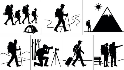 Outdoor travel and hiking silhouettes – flavector series on nature exploration and adventure