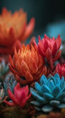 Vibrant Succulent Garden with Orange Red and Blue Tones Close Up Focus on Textured Leaves and Soft Bokeh Background Vertical