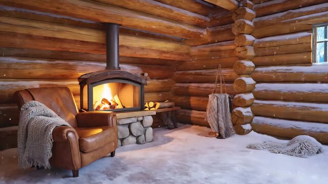 Cozy winter scene inside a rustic log cabin with a burning fireplace and leather armchair