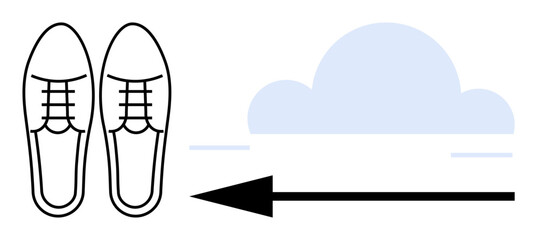 Movement concept. Silhouette of shoes paired with an arrow direction and motion, accompanied by a cloud backdrop. Movement in travel, progress, and lifestyle . For navigation, growth, journey themes