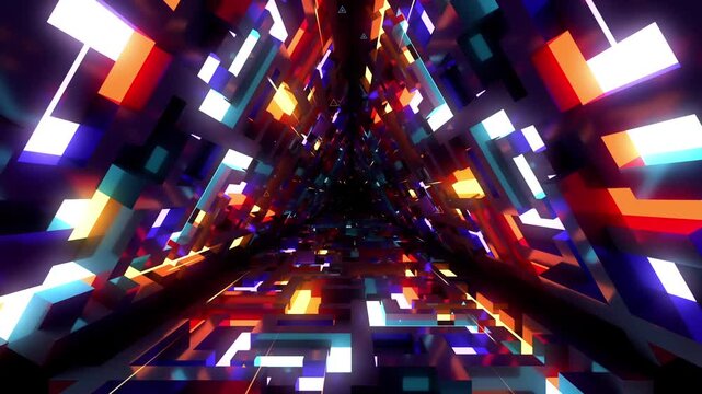 Abstract Digital Pixel Block Tunnel with Vibrant Neon Lights Loop