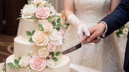 Elegant wedding couple cutting the beautiful three-tier cake with floral decorations