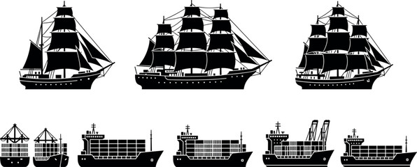 Sailing and cargo ship silhouette icons – maritime transport evolution set by flavector © Emon