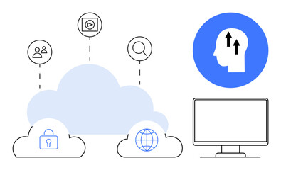 Obraz premium Cloud computing concept. Cloud computing connects security, global networks, and data sharing for remote workflows. Cloud computing enhances accessibility and collaboration. For business, IT