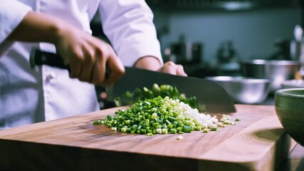 The skillful hands of a culinary expert execute rapid, precise chopping of fresh ingredients.
