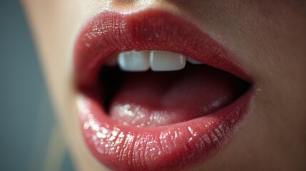 Close-up view of lips with a glossy finish, showcasing beauty and detail in a bright setting during daytime