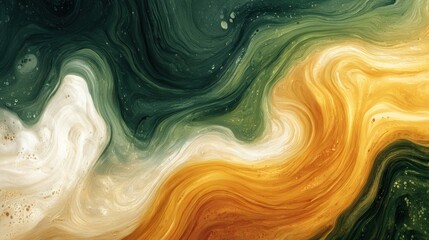 Swirling abstract patterns of green, orange, and cream create an eye-catching texture in a modern art piece