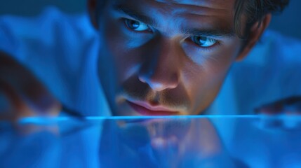 Close-up of a focused young man examining a glowing surface in a dark room while showcasing keen attention to detail