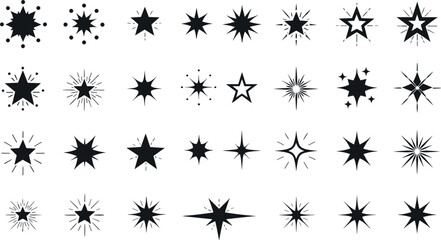 Abstract starburst and sparkle shape vector set featuring explosive stars and radiant effects in black isolated on white background for graphic design
