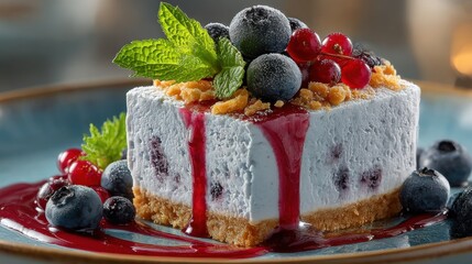 Delicious dessert showcasing blueberries, red currants, and mint on a crust with berry sauce served in a cozy setting